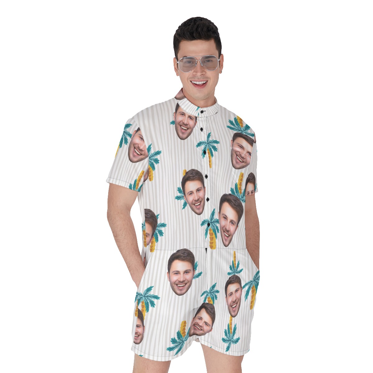 Cool Palm Tree Men's Hawaiian Romper With Custom Face - variant image 1
