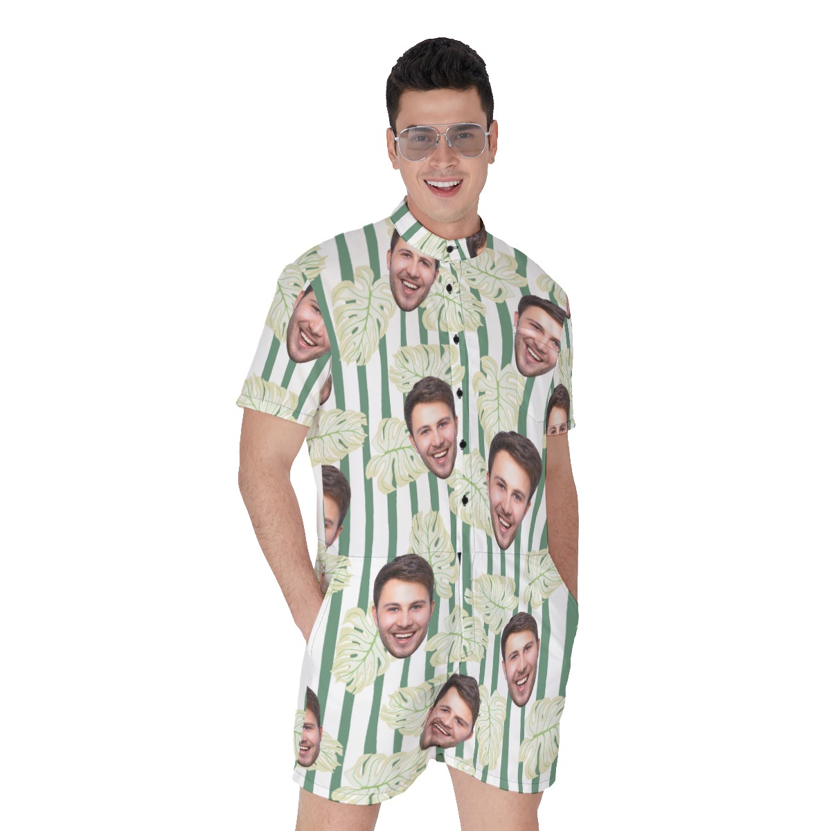 Striped Leaf Men's Hawaiian Romper With Multi Faces - variant image 1