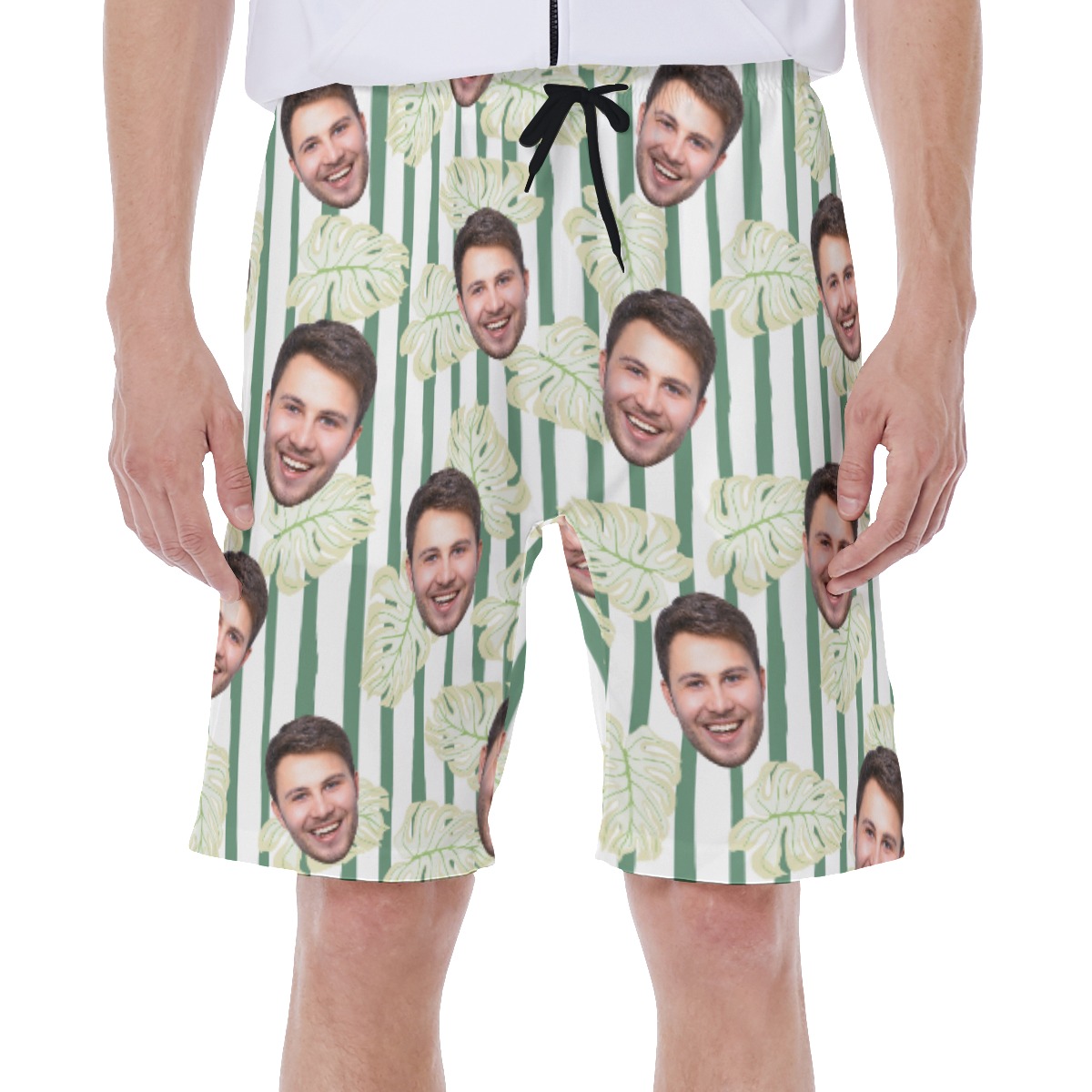 Custom Face Men's Hawaiian Shorts With Striped Leaf Print - variant image 1