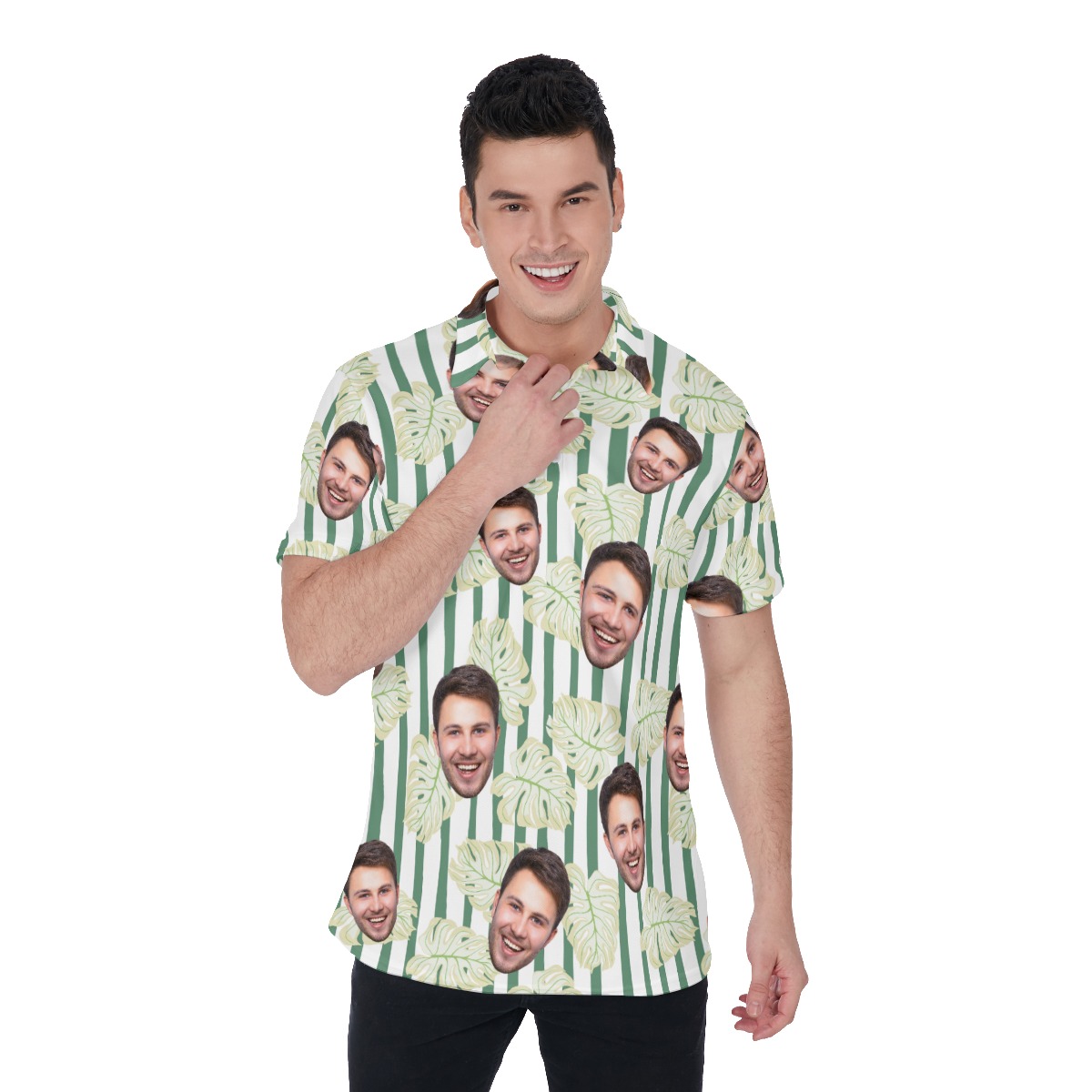 Leaf Green Striped Men's Polo Shirt With Multiple Faces - variant image 1