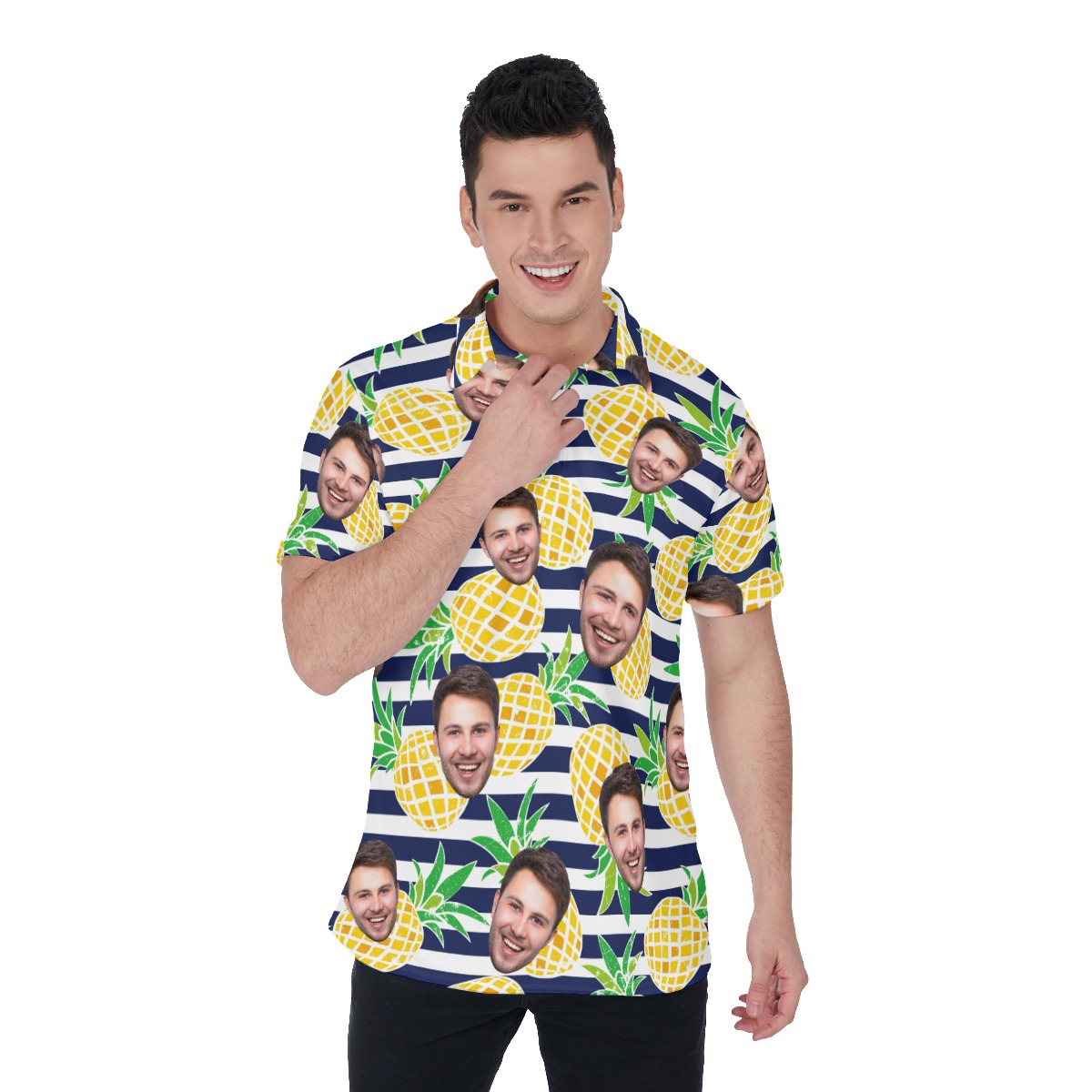 Custom Face Pineapple Striped Men's Polo Shirt - variant image 1