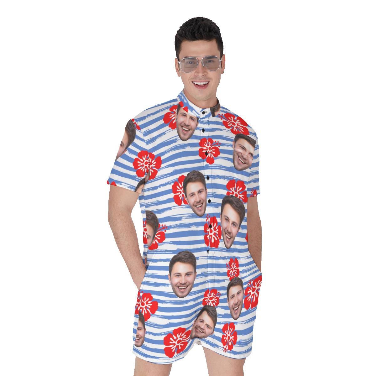 Funny Striped Blue And White Men's Romper With Face - variant image 1