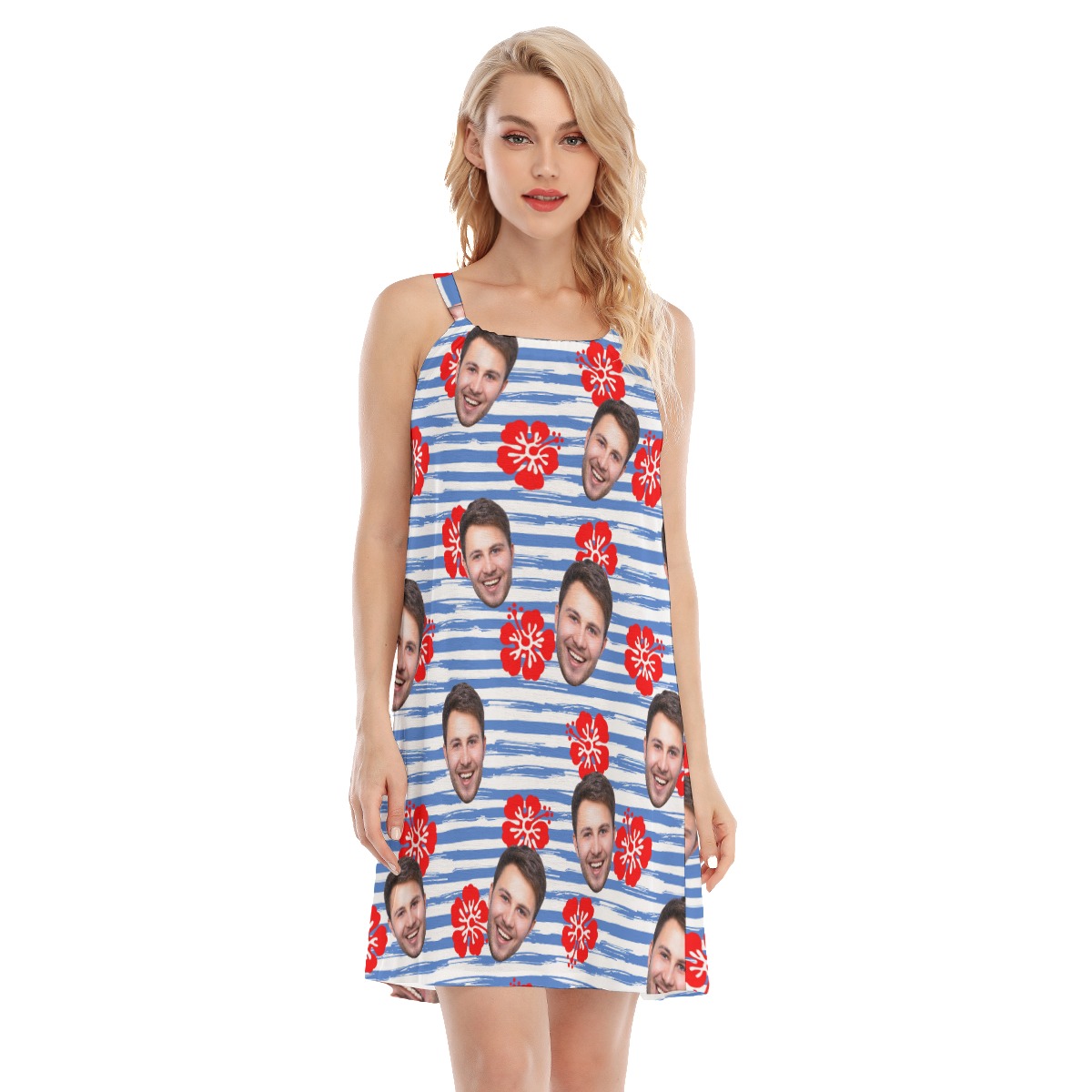 Unique Custom Face Blue Striped Women's Cami Dress - variant image 1