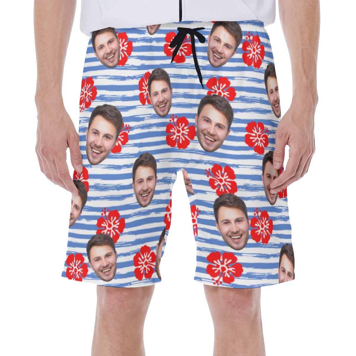 Cool Custom Face Blue Striped Hawaiian Swim Trunks For Men - variant image 1