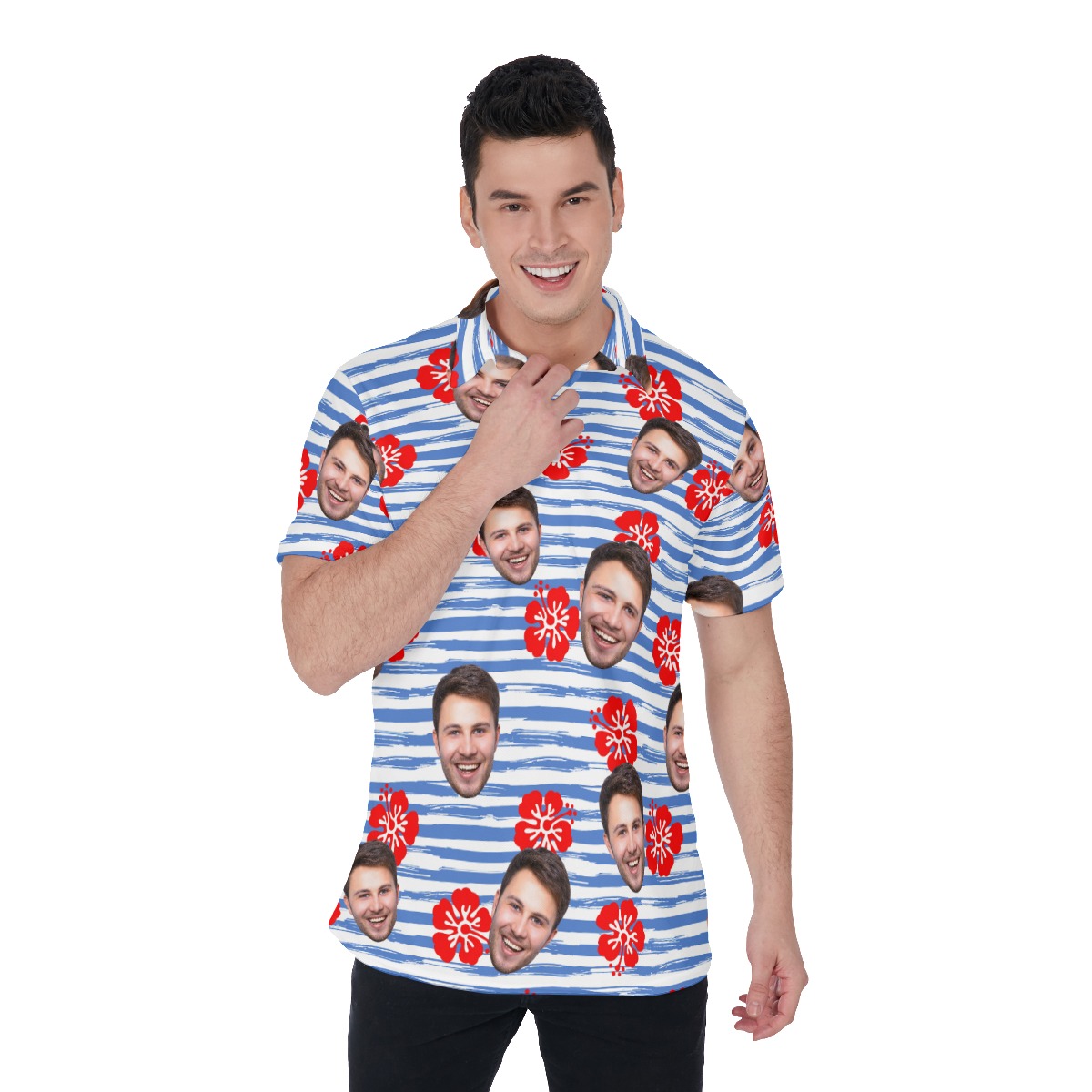 Cool Custom Face Blue Striped Men's Polo Shirt - variant image 1