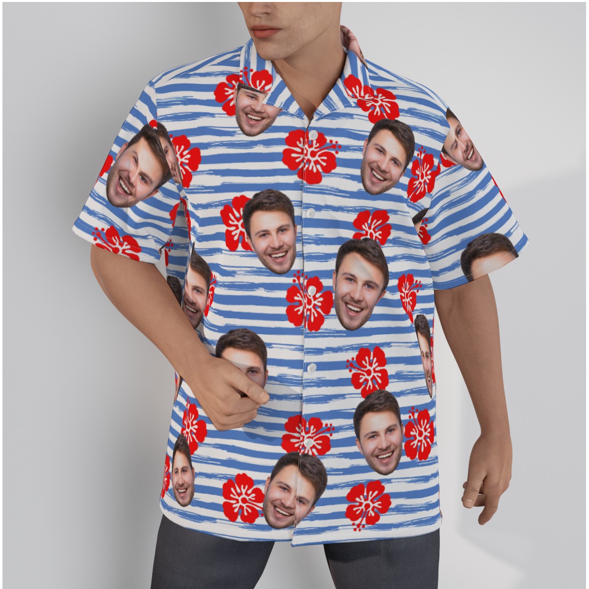 White And Blue Custom Face Striped Hawaiian Shirt For Men - variant image 1