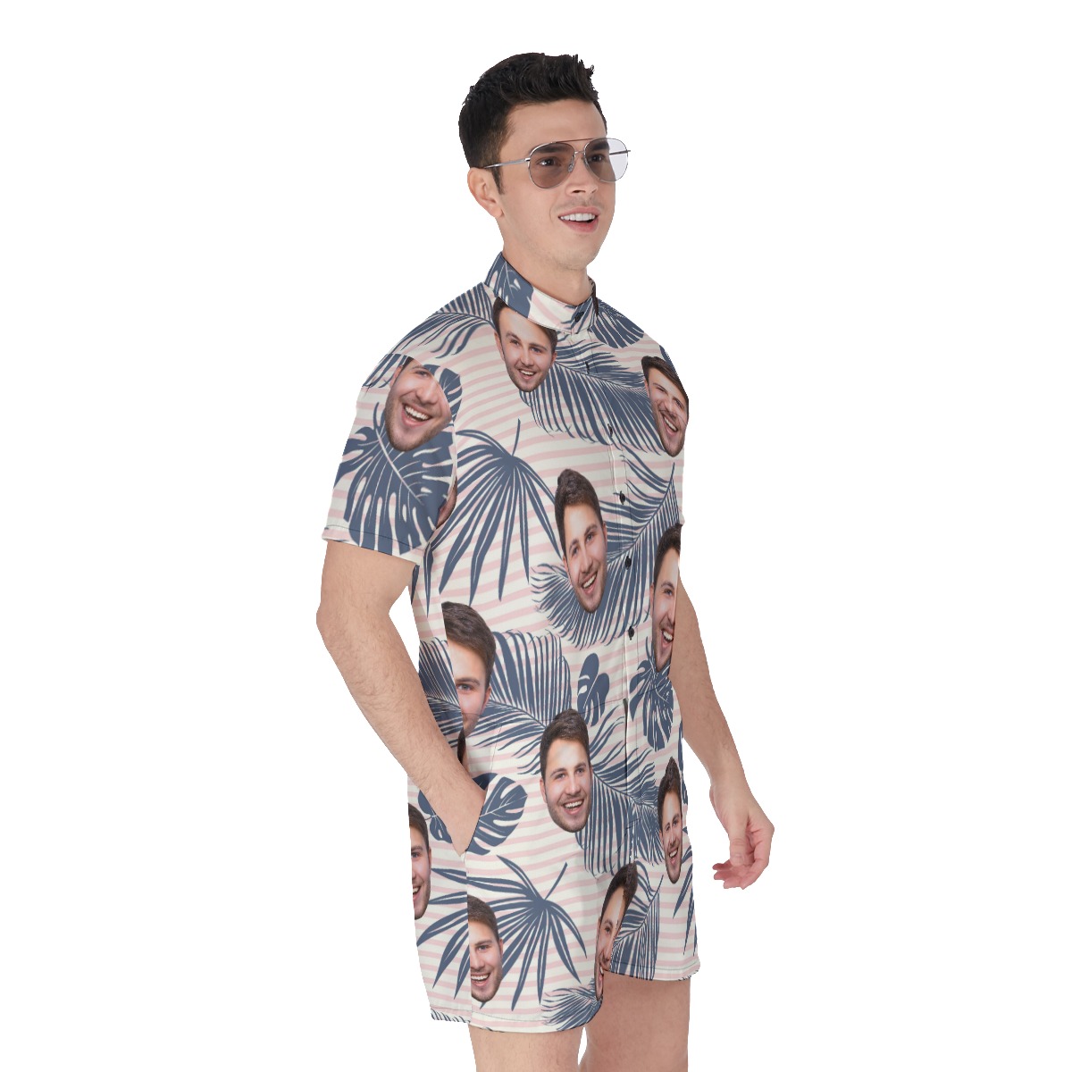 Striped Leaf Tropical Men's Hawaiian Romper With Multi Faces