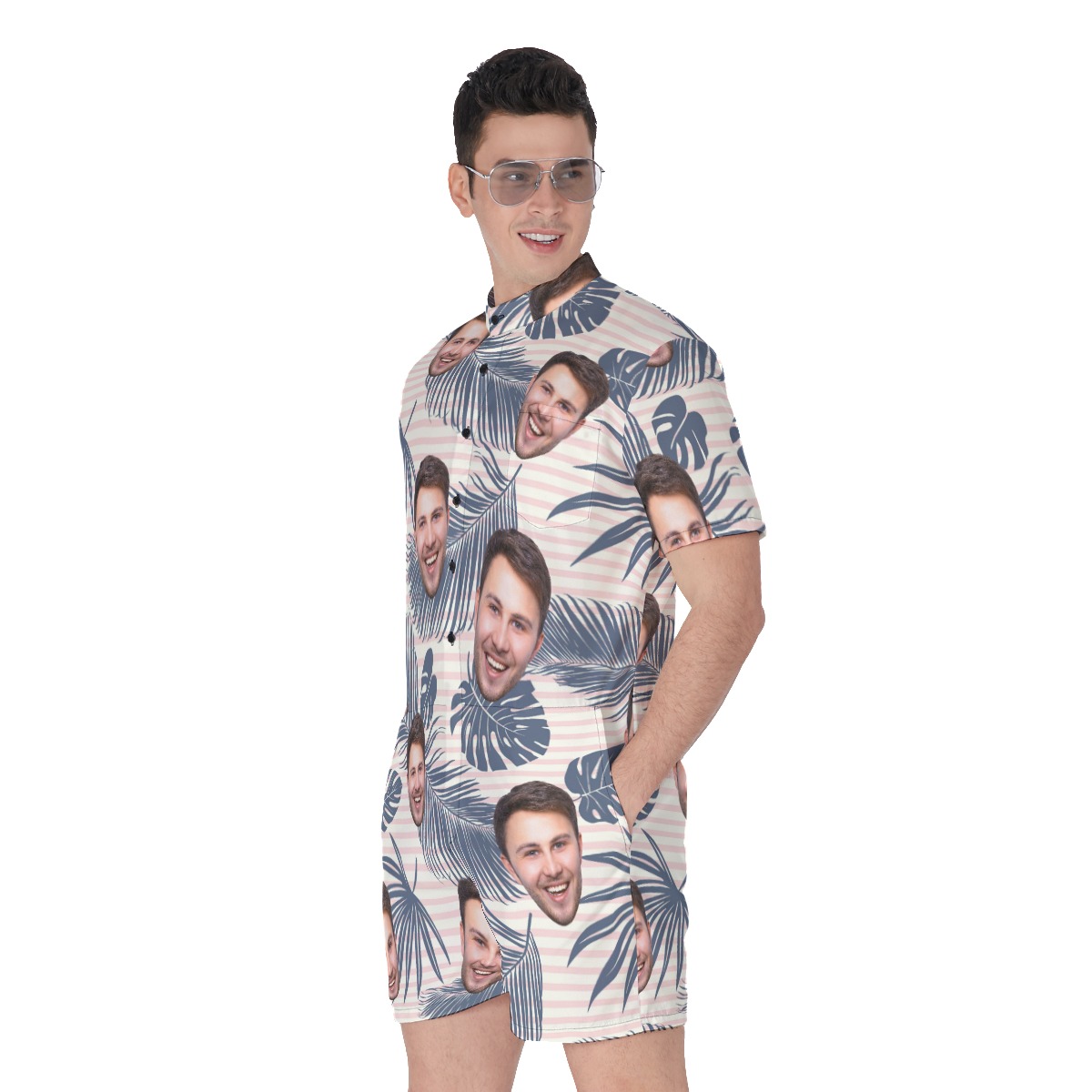 Striped Leaf Tropical Men's Hawaiian Romper With Multi Faces