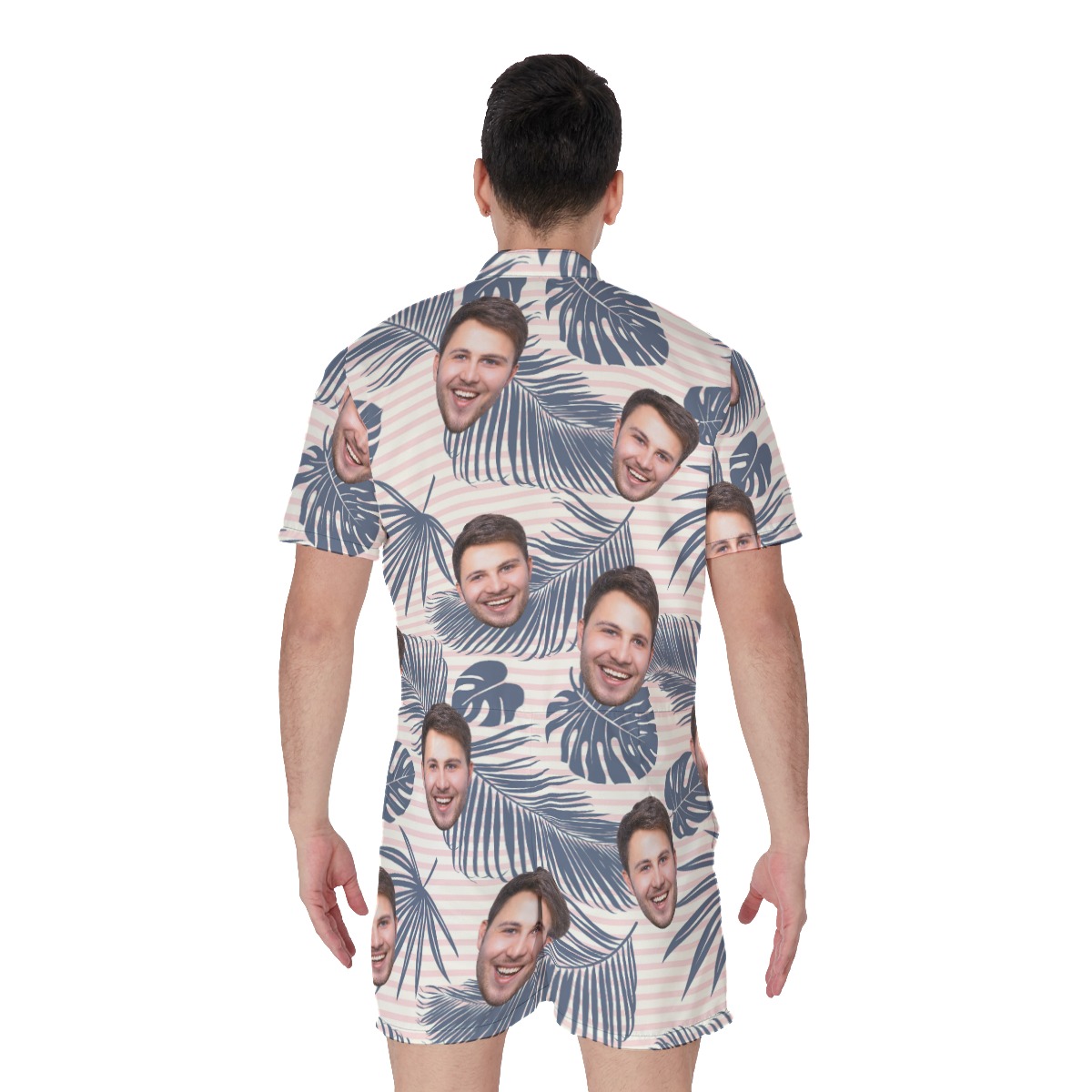 Striped Leaf Tropical Men's Hawaiian Romper With Multi Faces