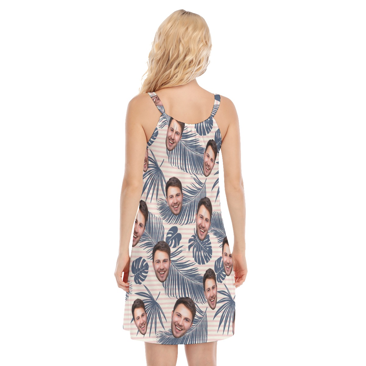 Striped Tropical Leaf Hawaiian Cami Dress With Custom Face