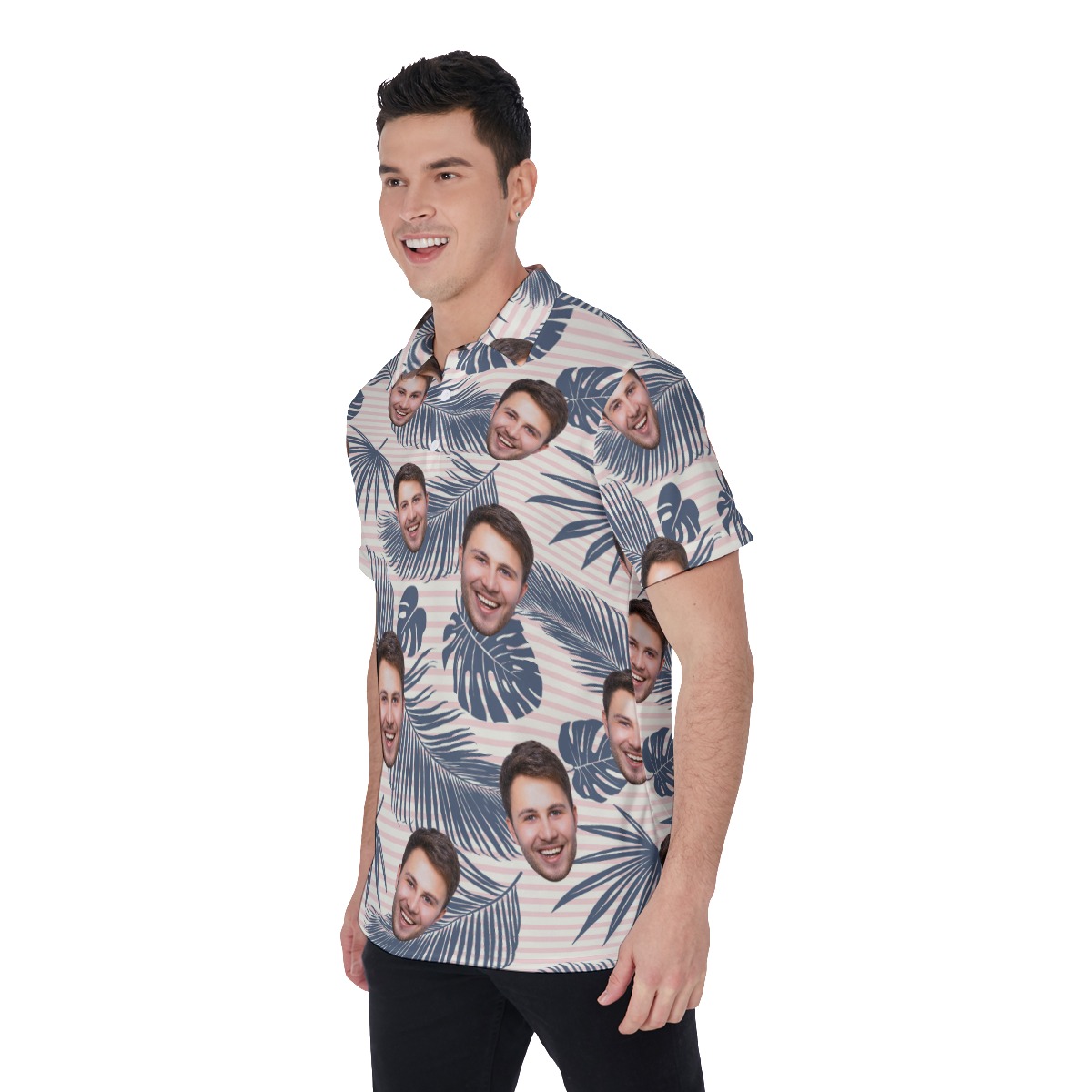Tropical Leaf Custom Face Striped Men's Hawaiian Polo Shirt