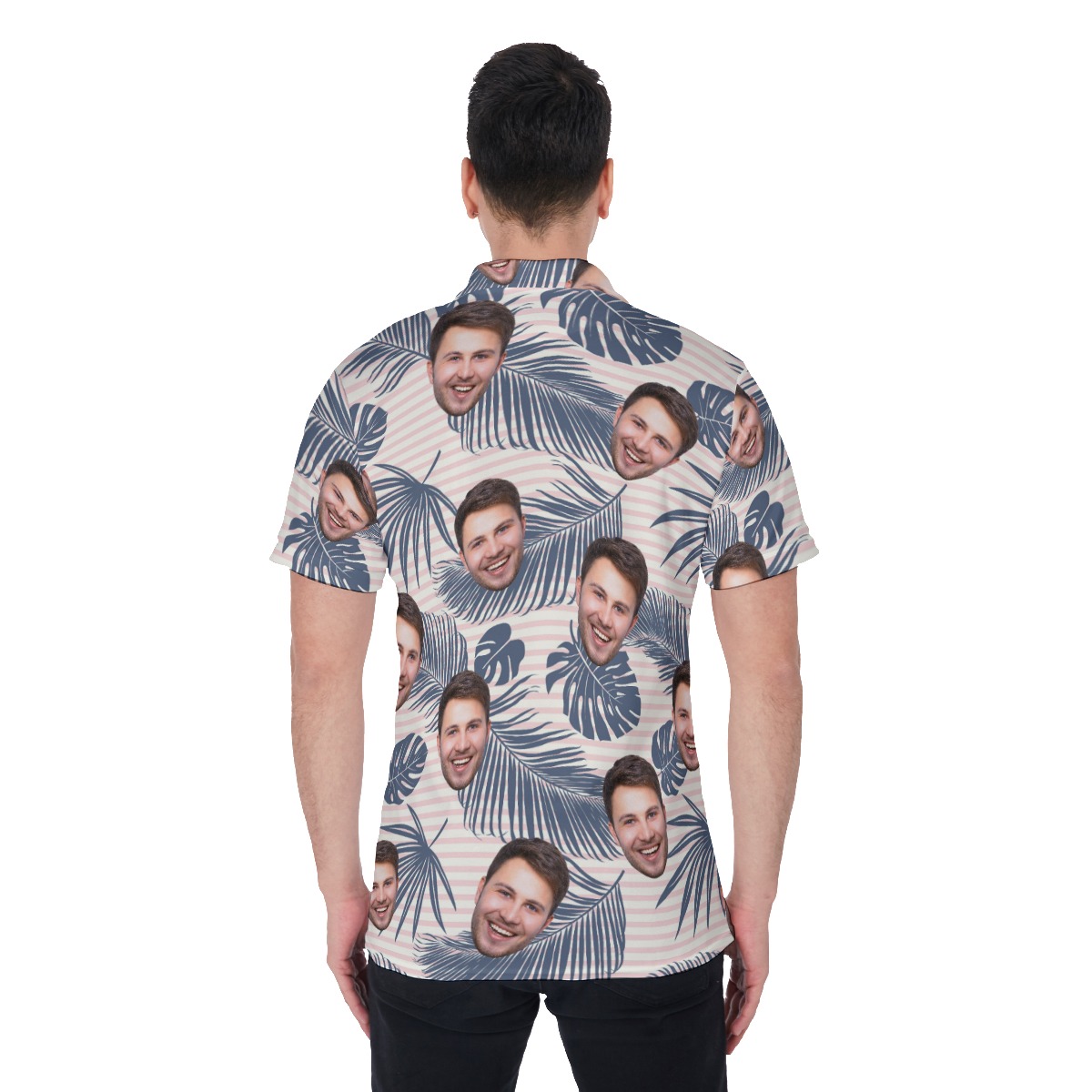 Tropical Leaf Custom Face Striped Men's Hawaiian Polo Shirt