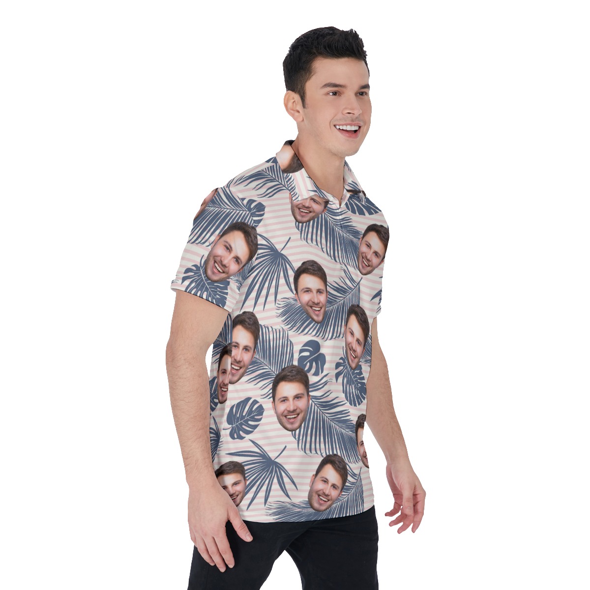 Tropical Leaf Custom Face Striped Men's Hawaiian Polo Shirt
