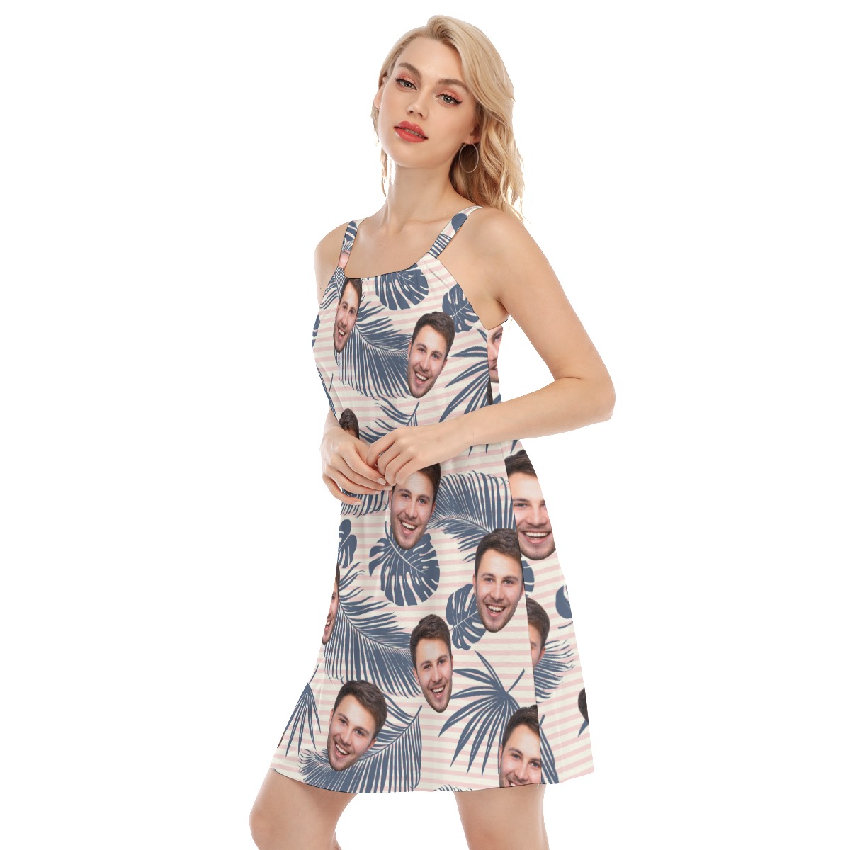 Striped Tropical Leaf Hawaiian Cami Dress With Custom Face