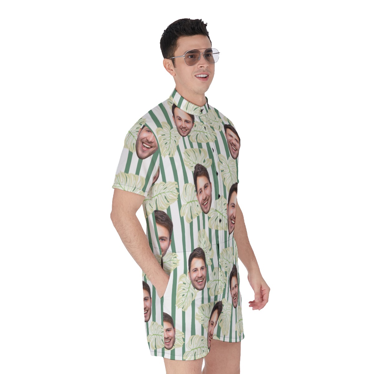 Striped Leaf Men's Hawaiian Romper With Multi Faces