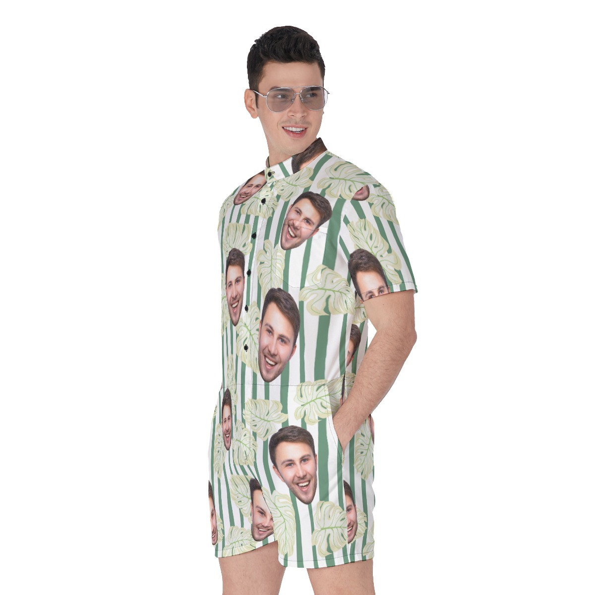 Striped Leaf Men's Hawaiian Romper With Multi Faces