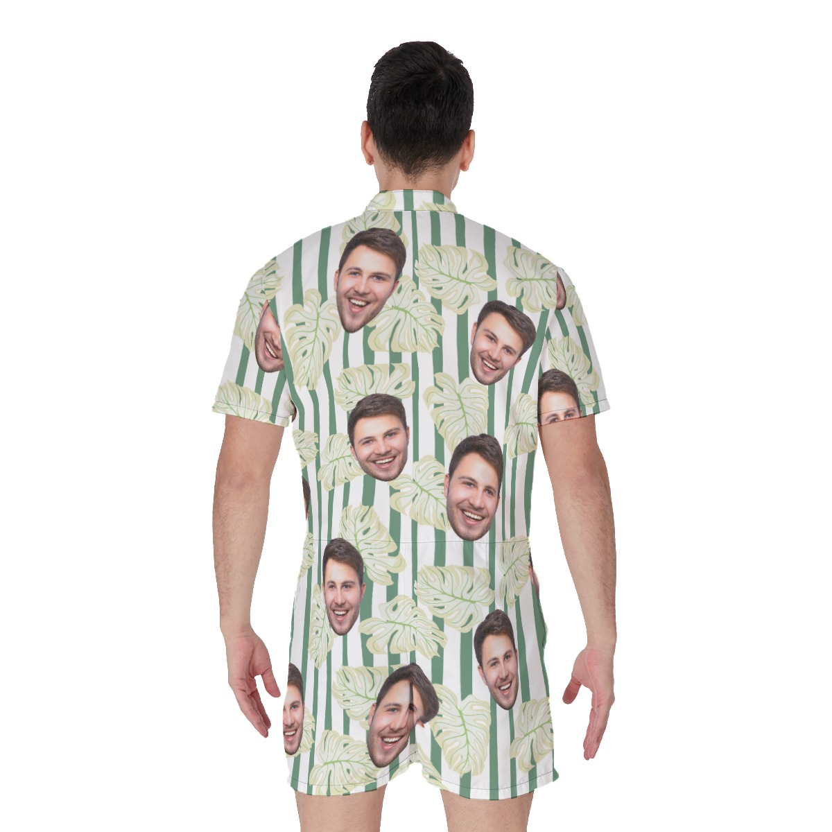 Striped Leaf Men's Hawaiian Romper With Multi Faces