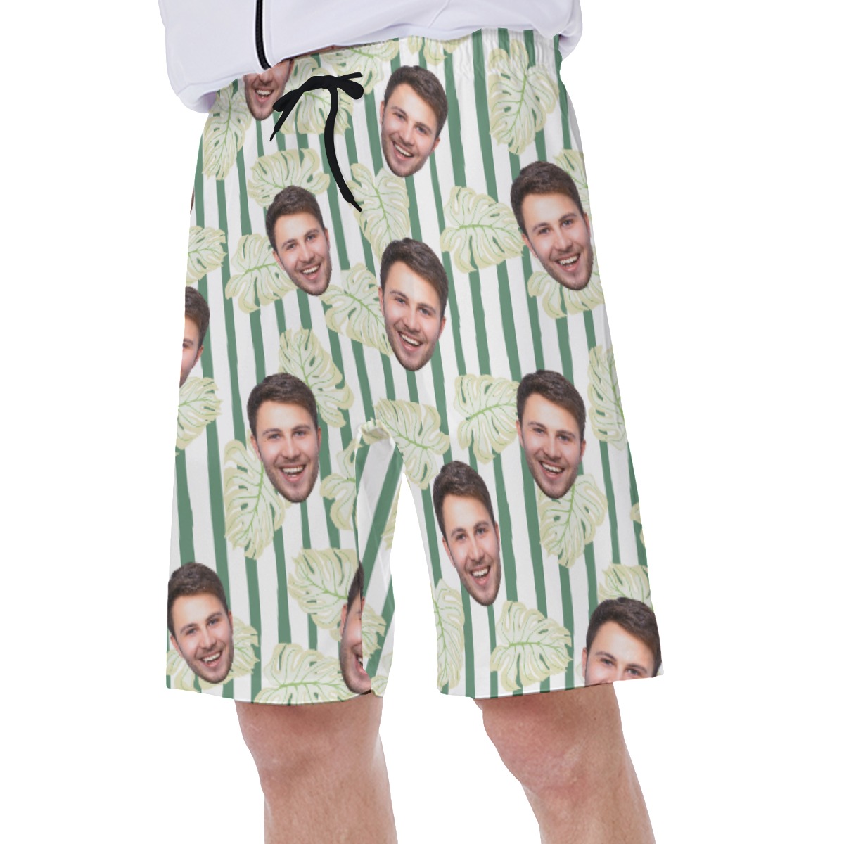 Custom Face Men's Hawaiian Shorts With Striped Leaf Print