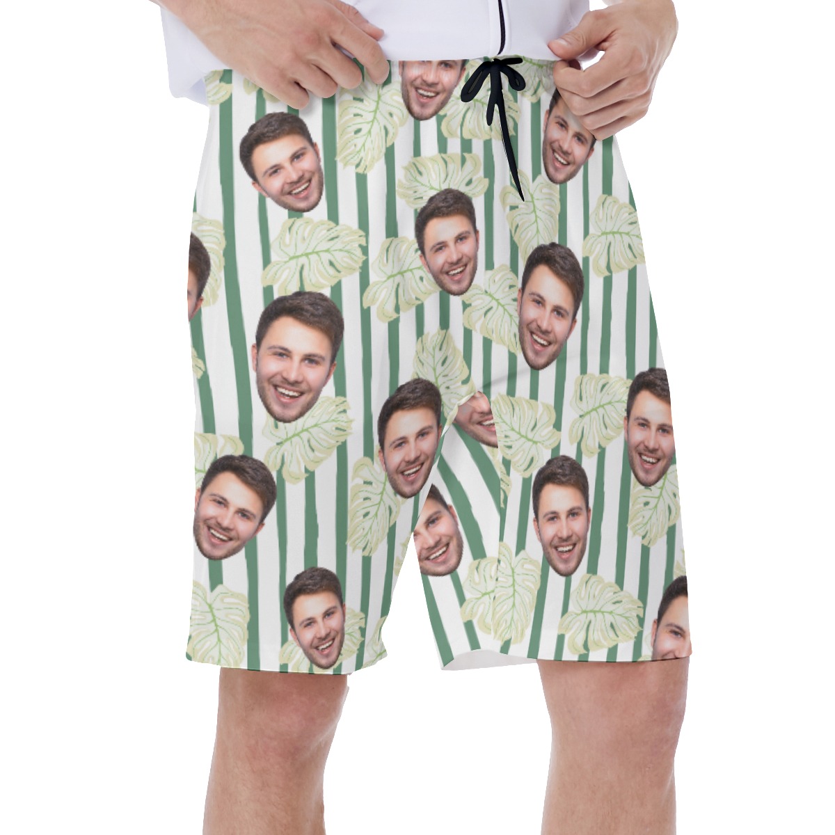 Custom Face Men's Hawaiian Shorts With Striped Leaf Print