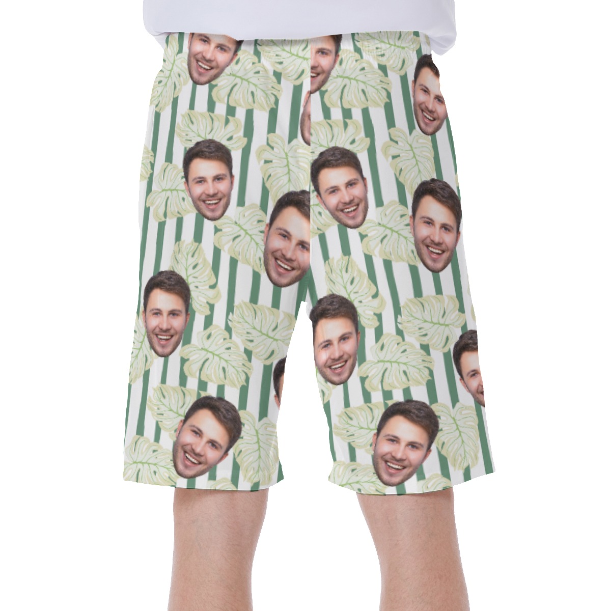 Custom Face Men's Hawaiian Shorts With Striped Leaf Print