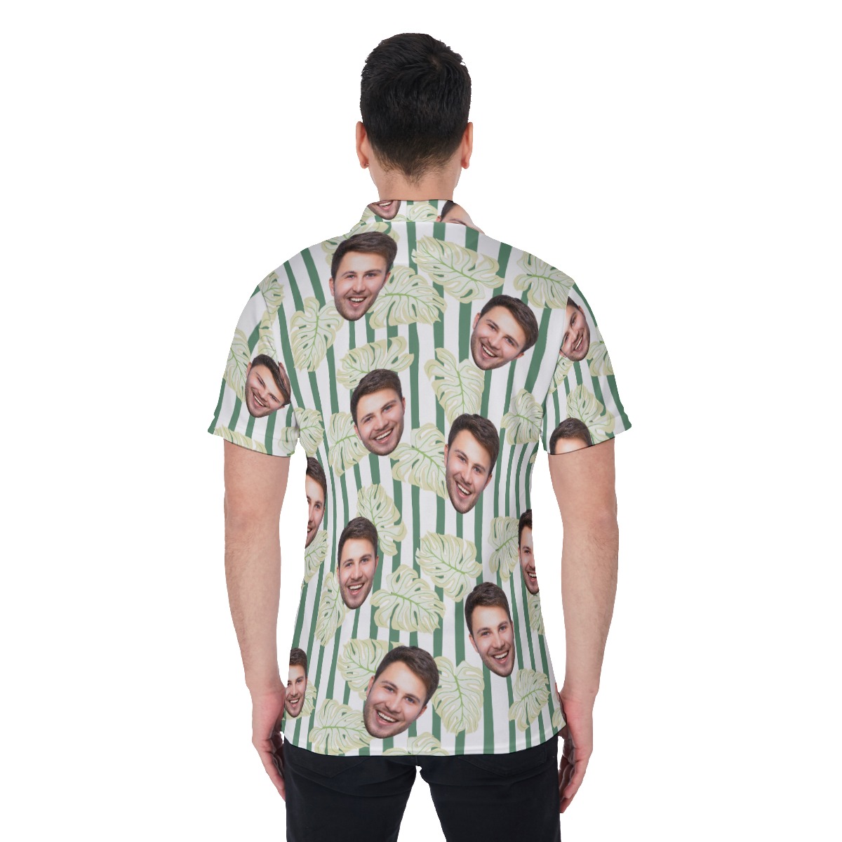 Leaf Green Striped Men's Polo Shirt With Multiple Faces