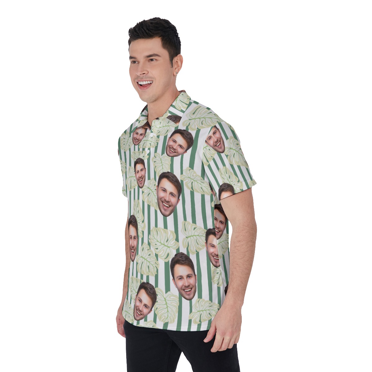 Leaf Green Striped Men's Polo Shirt With Multiple Faces
