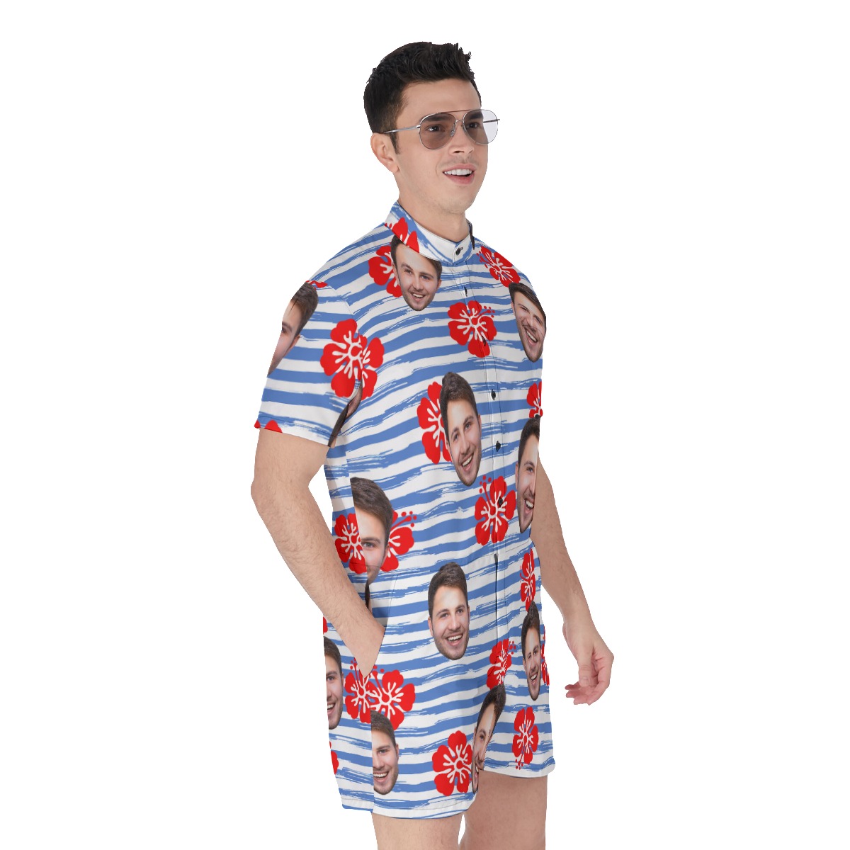 Funny Striped Blue And White Men's Romper With Face