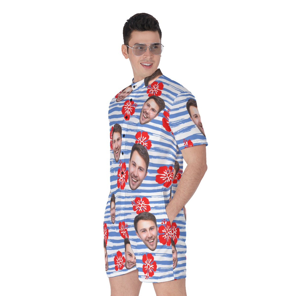 Funny Striped Blue And White Men's Romper With Face