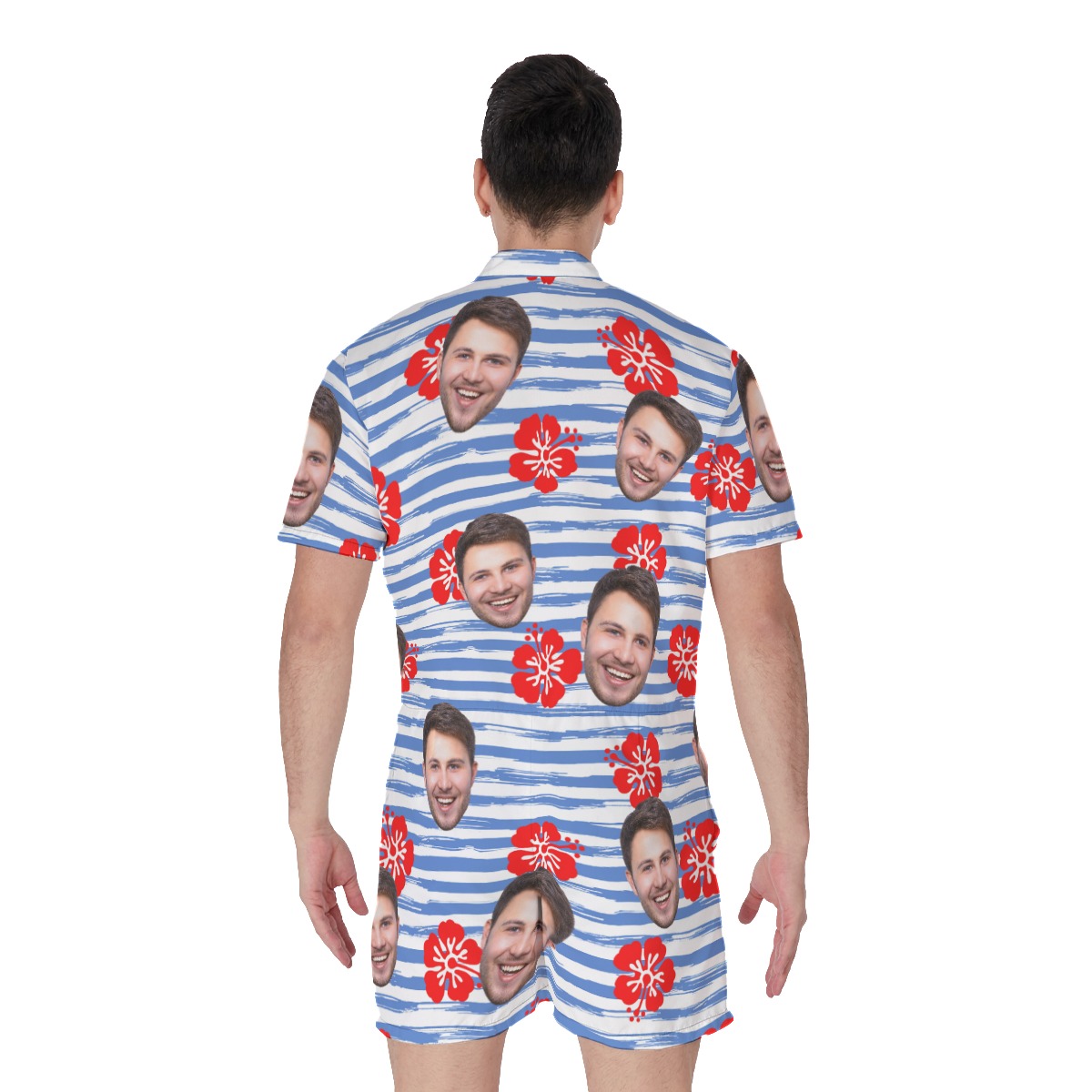 Funny Striped Blue And White Men's Romper With Face