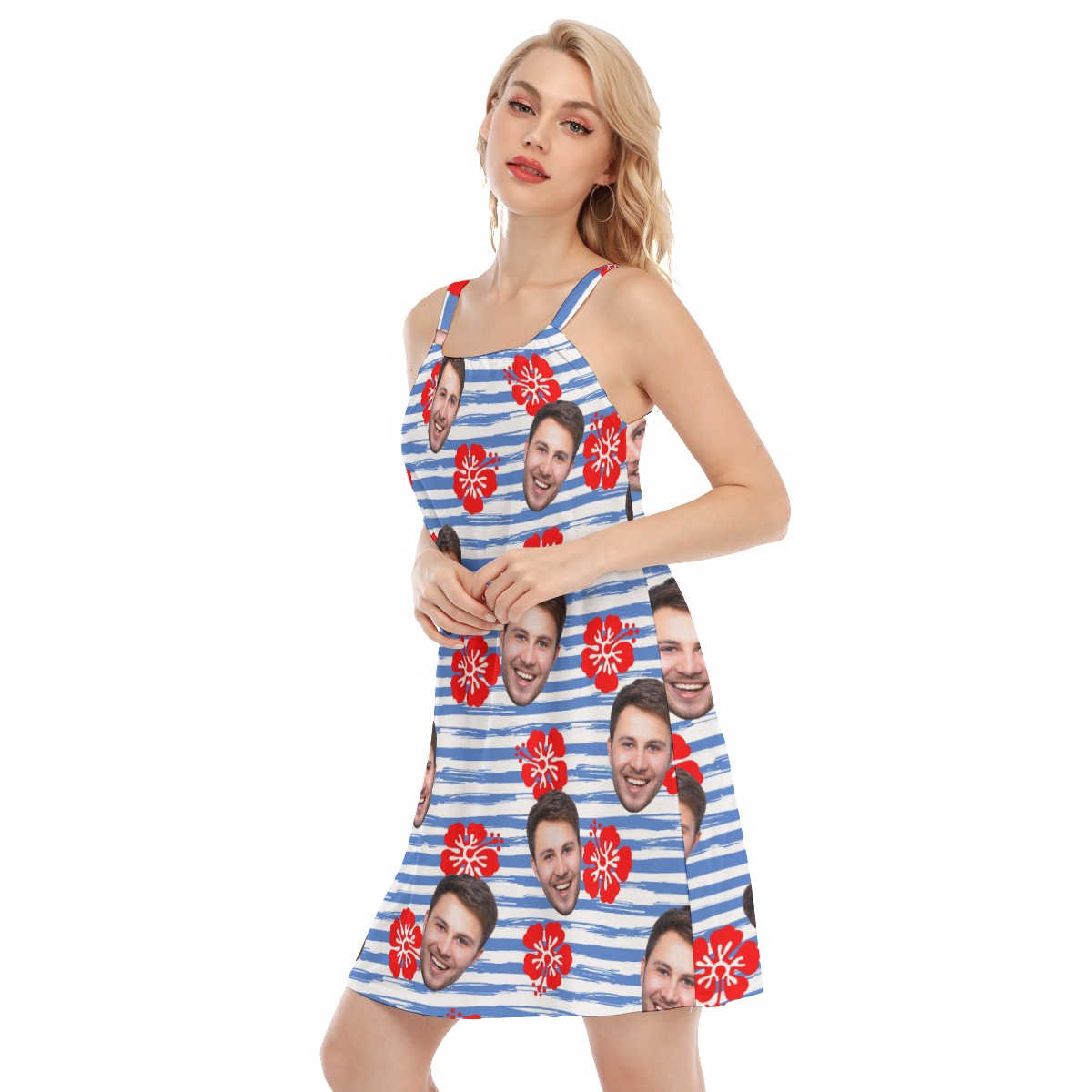 Unique Custom Face Blue Striped Women's Cami Dress