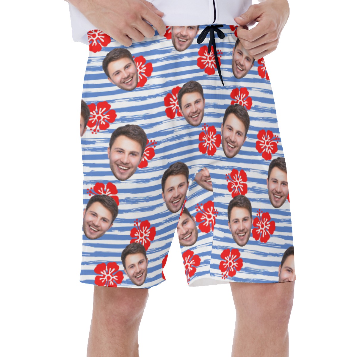 Cool Custom Face Blue Striped Hawaiian Swim Trunks For Men