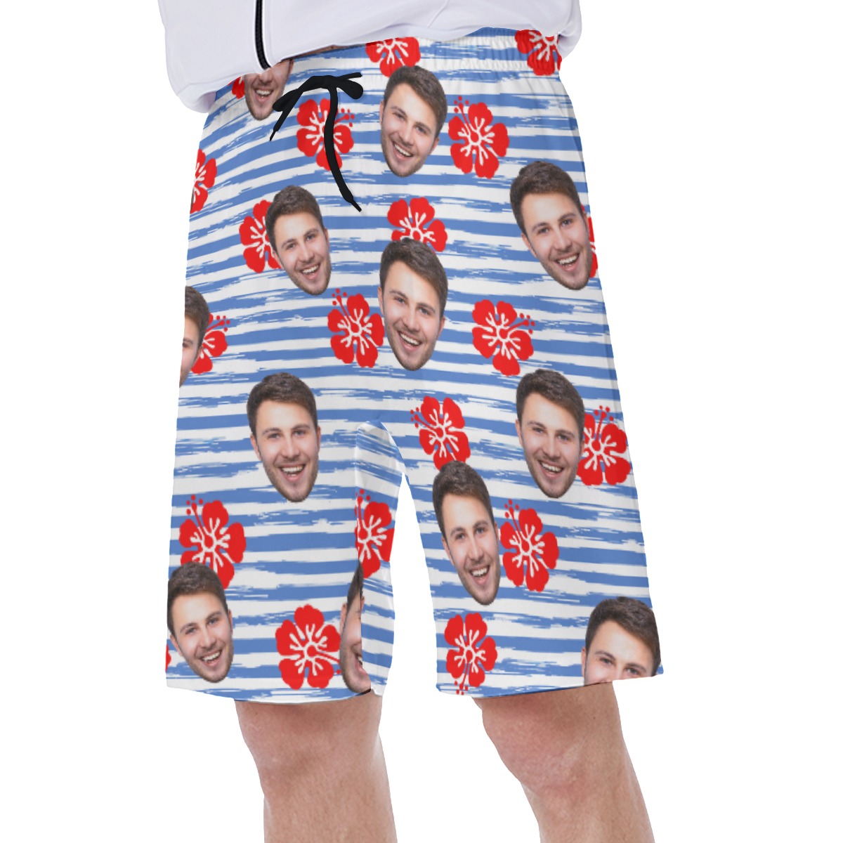 Cool Custom Face Blue Striped Hawaiian Swim Trunks For Men