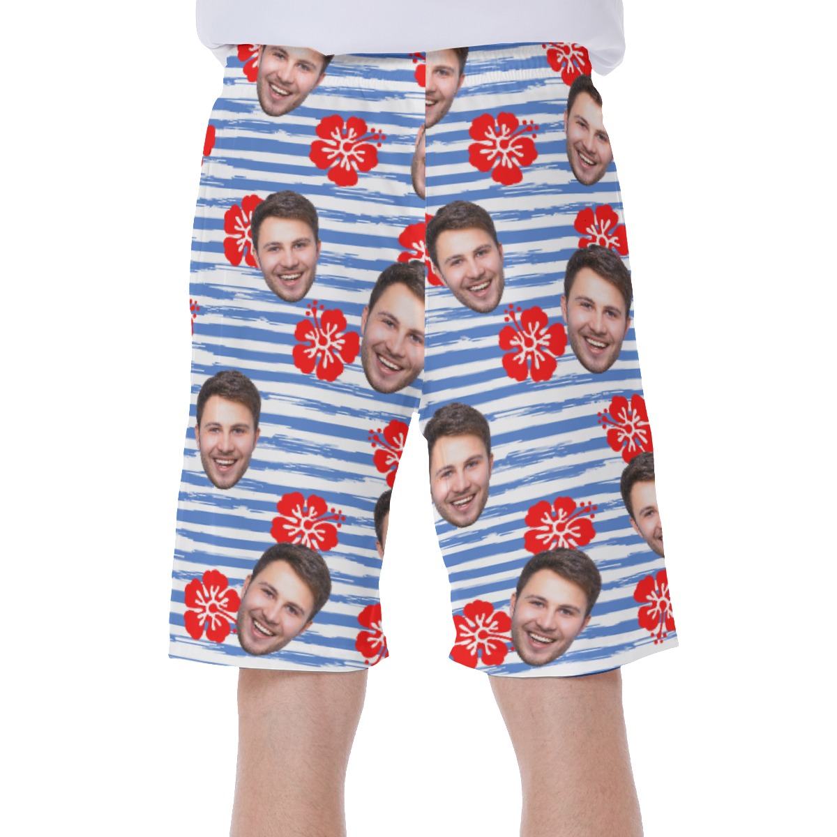Cool Custom Face Blue Striped Hawaiian Swim Trunks For Men