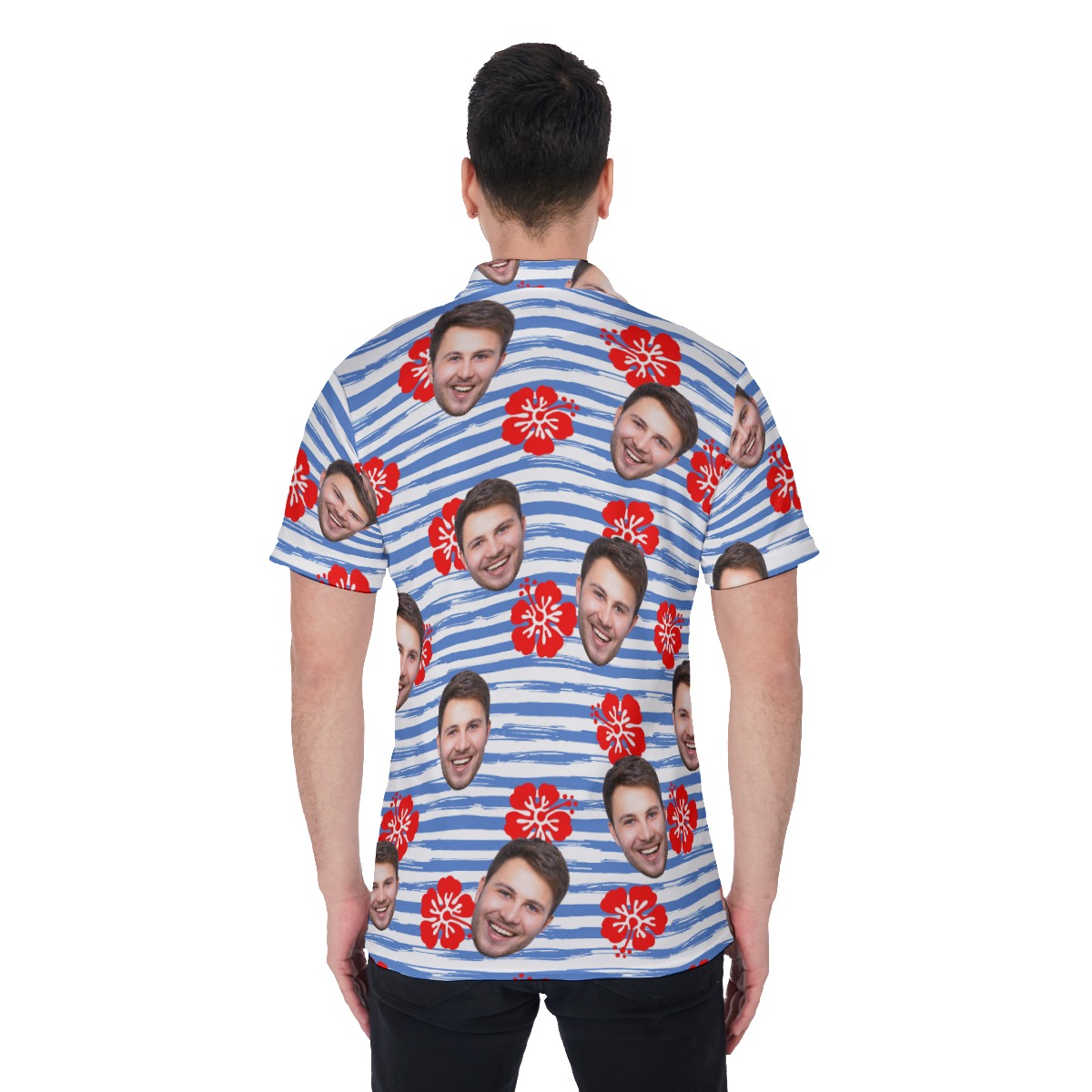 Cool Custom Face Blue Striped Men's Polo Shirt