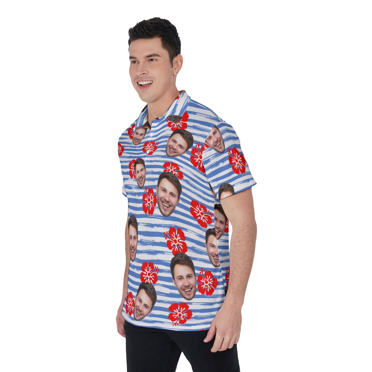 Cool Custom Face Blue Striped Men's Polo Shirt