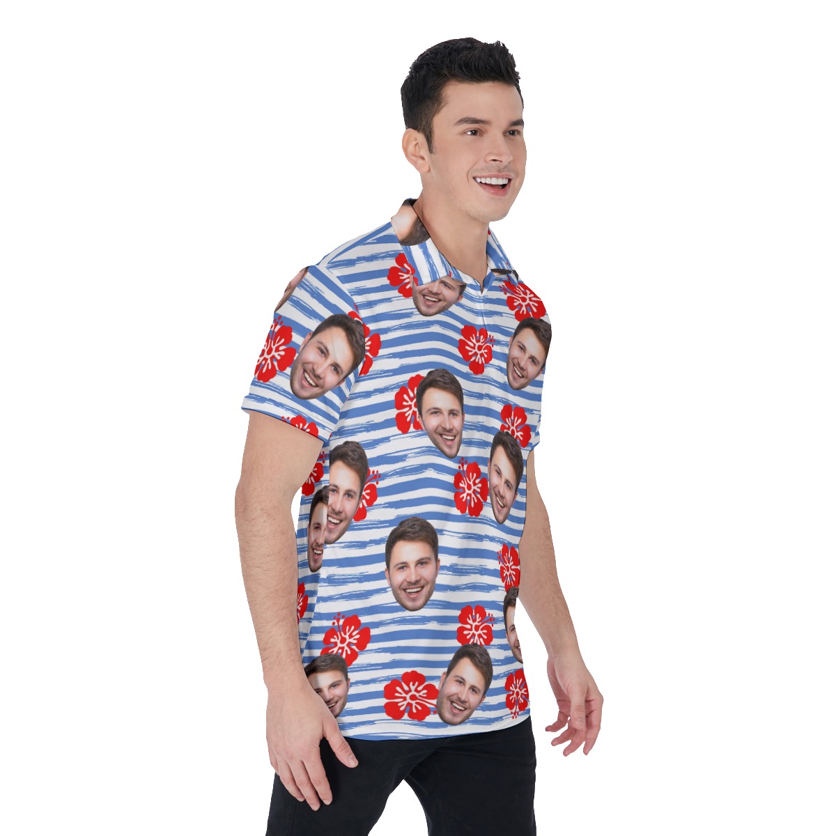 Cool Custom Face Blue Striped Men's Polo Shirt