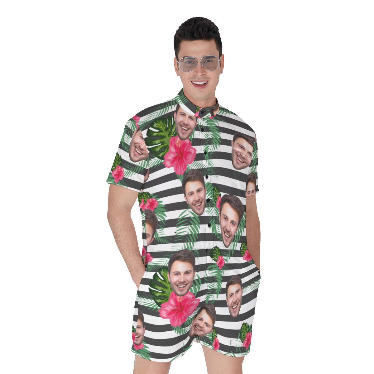 Cool Hibiscus Striped Men's Romper With Custom Face - variant image 1
