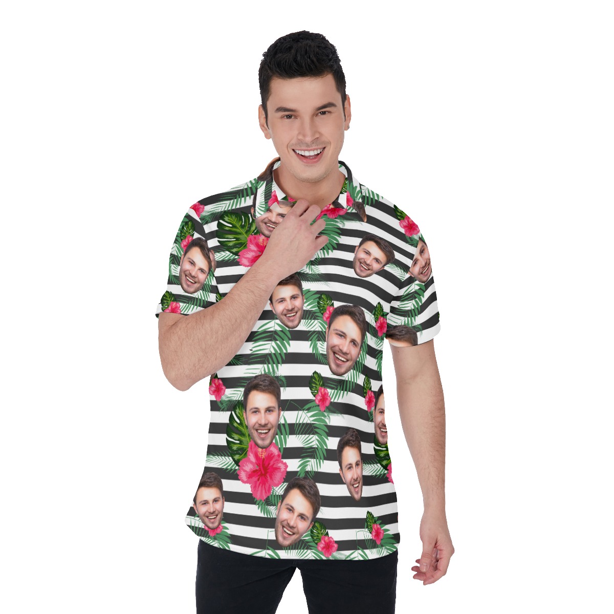 Hibiscus Striped Men's Polo Shirt With Custom Face - variant image 1