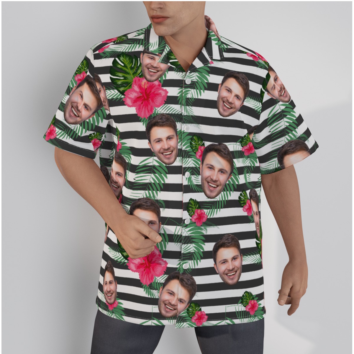 Custom Face Floral Striped Hawaiian Shirt - variant image 1