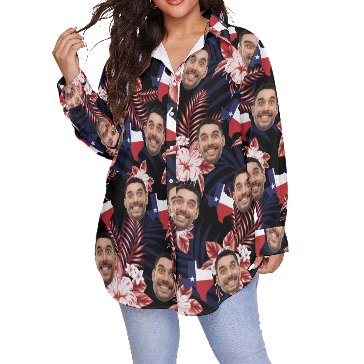 Floral Texas Custom Face Hawaiian Plus Size Shirt For Women - variant image 1