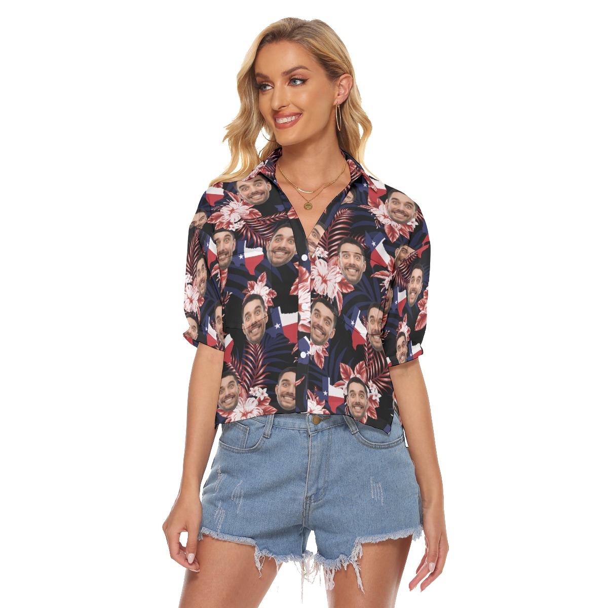 Funny Custom Face Floral Texas Hawaiian Crop Top Shirt For Women - variant image 1