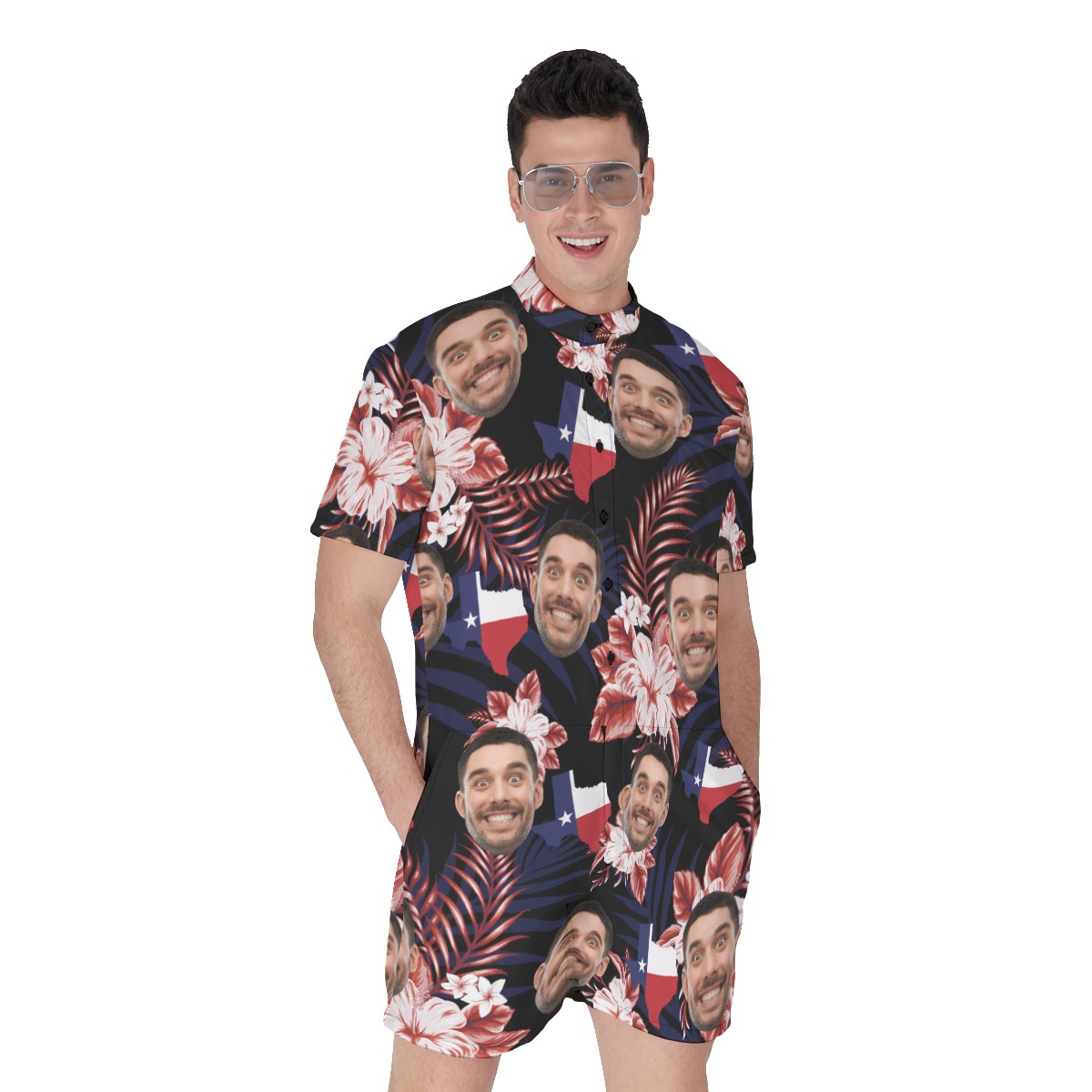 Funny Custom Face Texas Floral Men's Hawaiian Romper - variant image 1