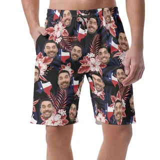 Custom Floral Texas Hawaiian Beach Shorts With Face