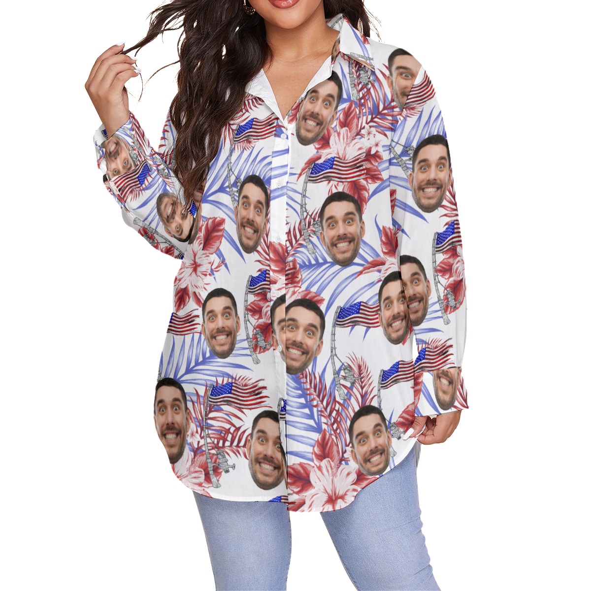 Custom Face American Flag Floral Hawaiian Plus Size Shirt For Women - variant image 1
