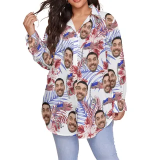 Custom Face American Flag Floral Hawaiian Plus Size Shirt For Women