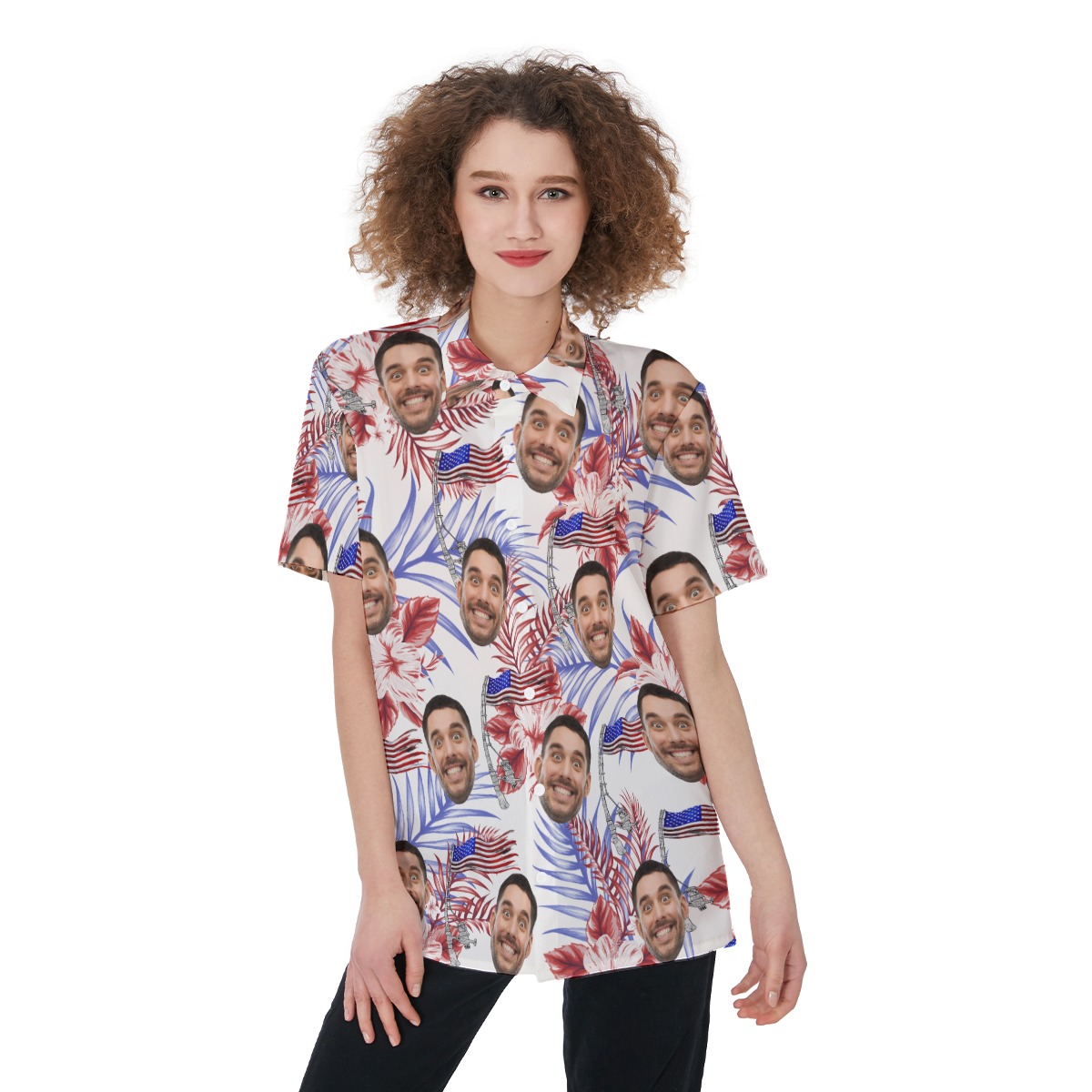 Funny Custom American Flag Women's Hawaiian Shirt With Face - variant image 1
