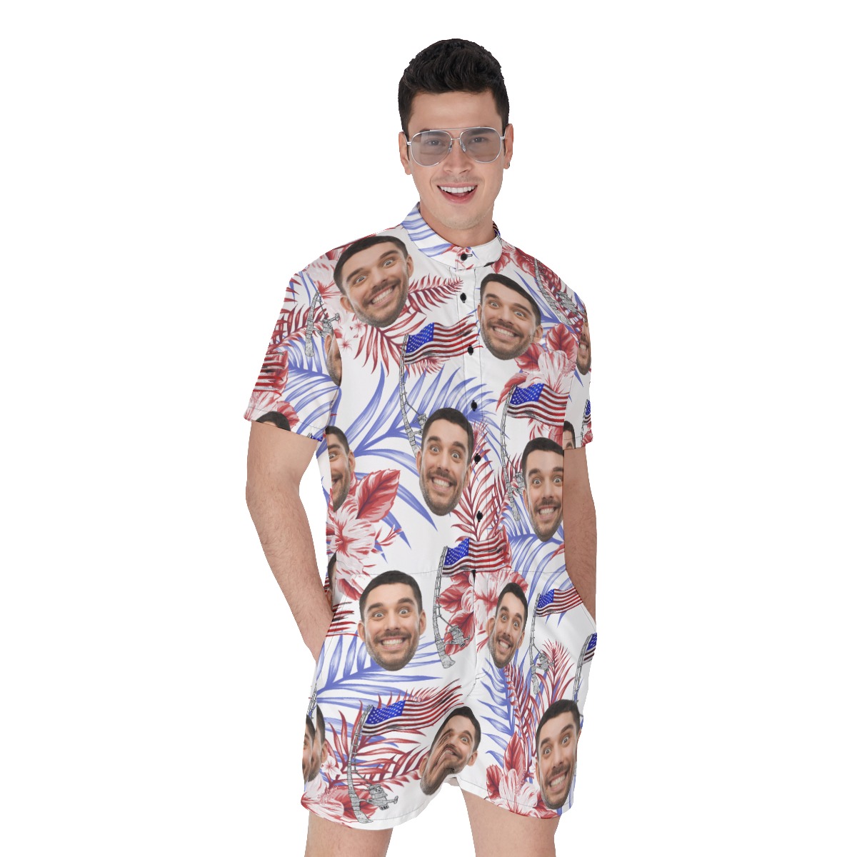 Funny Custom Face American Flag Hawaiian Romper For Men - variant image 1