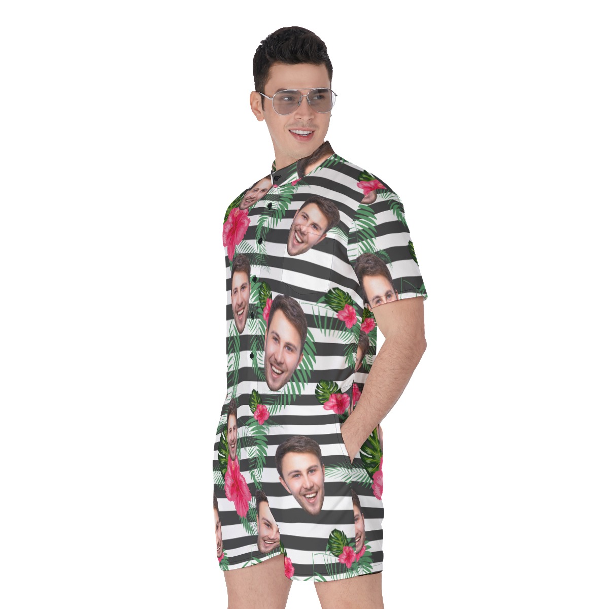 Cool Hibiscus Striped Men's Romper With Custom Face