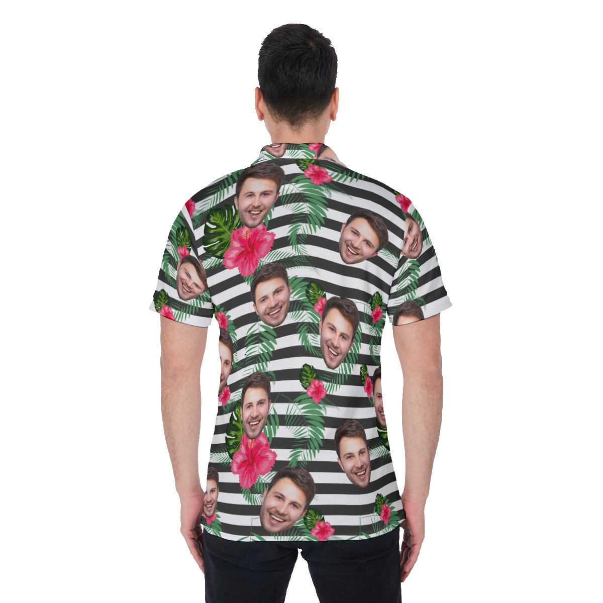 Hibiscus Striped Men's Polo Shirt With Custom Face