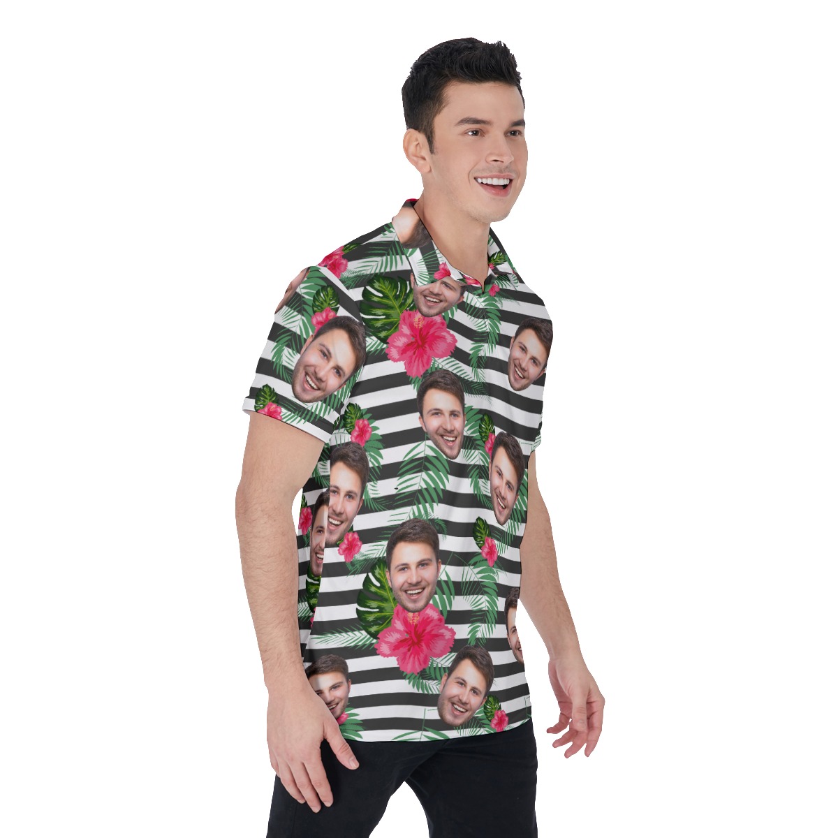 Hibiscus Striped Men's Polo Shirt With Custom Face